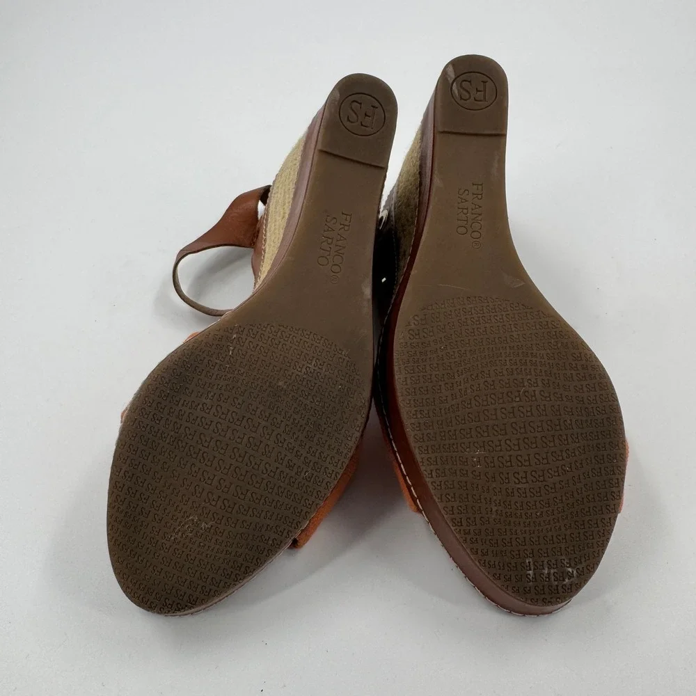 Franco Sarto Riviera Wedge Sandal Womens 8.5 Brown Orange Leather Bow Espadrille